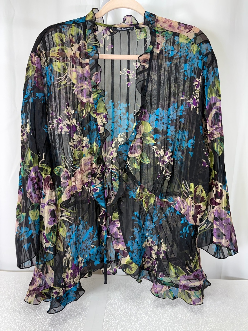 Notations Black Sheer Ruffle Blouse with Blue, Purple & Green Floral 4253